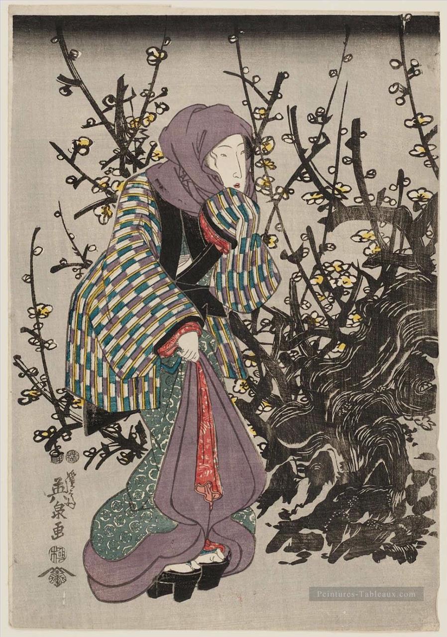 femme par l’arbre de prune la nuit 1847 Keisai Ukiyoye Peintures à l'huile